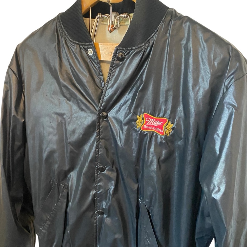 Miller High Life Vintage Satin Bomber Jacket Large Black Embroidered Made In USA